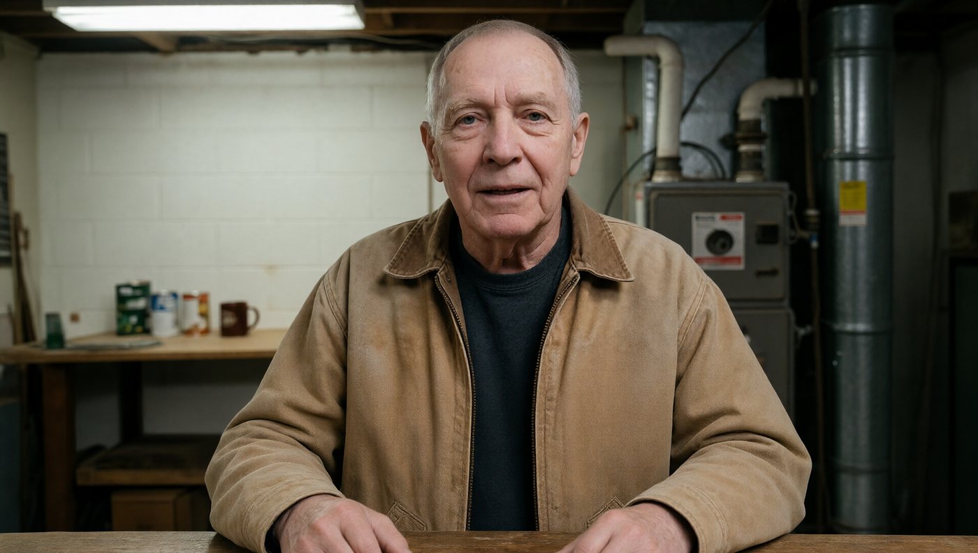 Lyle at the workbench in his basement